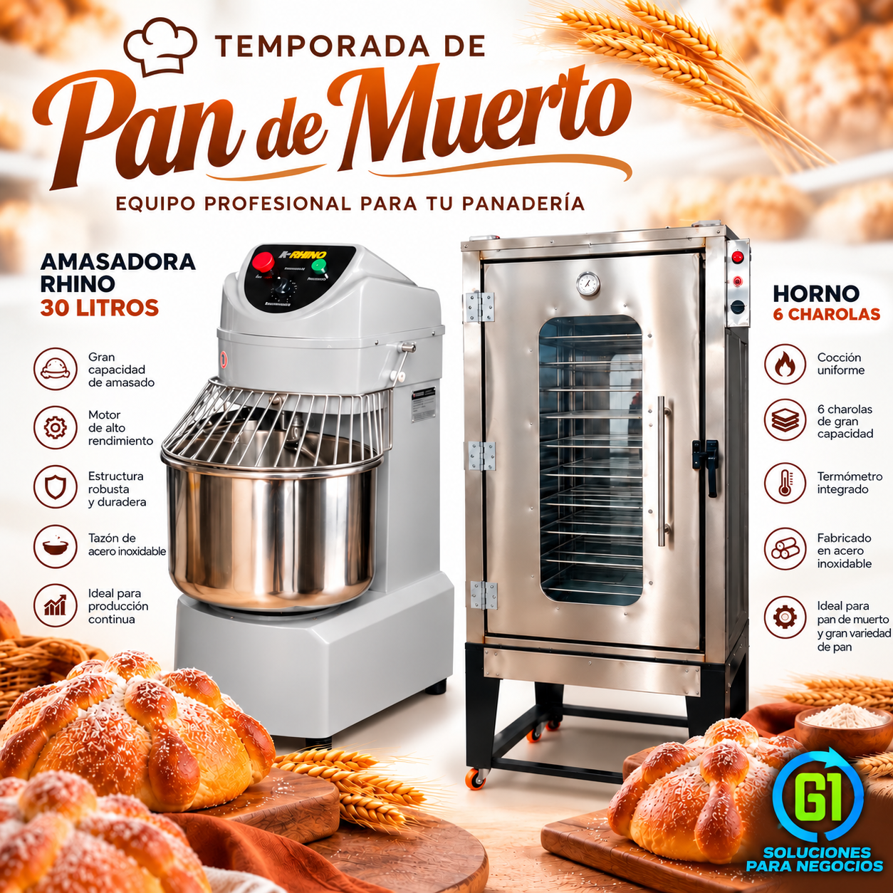 Banner principal Temporada Pan de Muerto Temporada de Pan de Muerto - amasadora Rhino y horno de 6 charolas